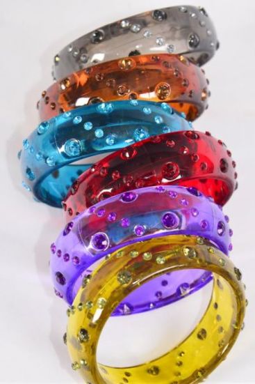 Bracelet Bangle Acrylic Transparent Color Stone All Around /  12 pcs = Dozen Tansparent , Size-2.75"x 1" Dia Wide , 2 of each Color Asst , Hang Tag & OPP Bag & UPC Code
