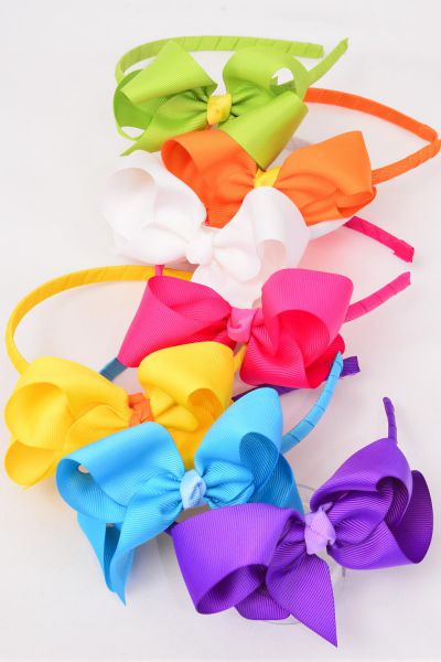 Headband Horseshoe Grosgrain Bow-tie Citrus / 12 pcs = Dozen Bow Size - 4"x 3" Wide ,2 Fuchsia ,2 Blue ,2 White ,2 Purple ,2 Yellow ,1 Lime ,1 Orange Color Asst , Hang tag & UPC Code ,W Clear Box -