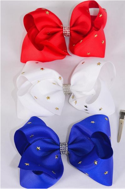Hair Bow Jumbo 4th of July Patriotic Gold Star Studded Red White  Royal Blue Mix Grosgrain Bow-tie/DZ Alligator Clip, Size-6"x 5" Wide,4 Of each Pattern Asst,Clip Strip & UPC Code