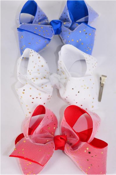 Hair Bow Jumbo Double Layered 4th of July Patriatic Stars Red & White & Royal Blue Mix Grosgrain Bow-tie / 12 pcs Bow = Dozen Alligator Clip , Size-6"x 5" Wide , 4 Red , 4 White , 4 Royal Blue Color Asst , Clip Strip & UPC Code