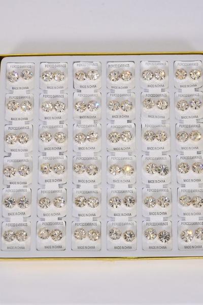 Earrings 10 mm Clear Rhinestones Earrings Post / 36 pair per Disply  Unisex , Post , 3 Dozen Display , Choose Gold or Silver finishes