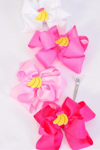 Hair Bow Jumbo Double Layered Banana Charm Pink Mix Grosgrain Bow-tie / 12 pcs Bow = Dozen Alligator Clip , Size - 6" x 5" Wide , 3 White , 3 Baby Pink , 3 Hot Pink , 3 Fuchsia Color Asst , Clip Strip and UPC Code