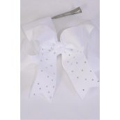 Hair Bow Jumbo Double Layered Studded Iridescent Stones White Grosgrain Bow-tie/DZ **White** Alligator Clip,Size-6"x 6" Wide,Clip Strip & UPC Code