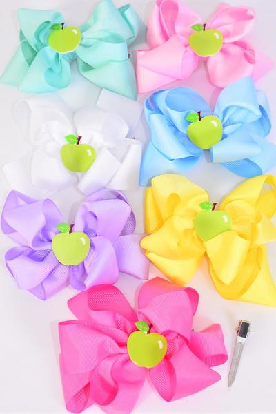 Hair Bow Jumbo Double Layered Apple Charm Pastel Grosgrain Bow-tie / 12 pcs Bow = Dozen  Alligator Clip , Size - 6" x 5" Wide , 2 White , 2 Pink , 2 Yellow , 2 Lavender , 2 Blue , 1 Hot Pink , 1 Mint Mix , Clip Strip and UPC Code