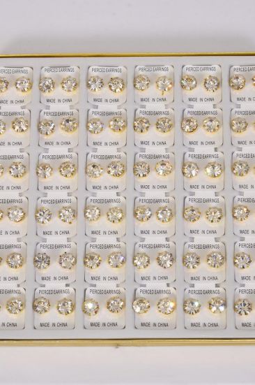 Earrings 12 mm Clear Rhinestones Earrings Gold / 36 pair per Disply Gold , Unisex , Post , 3 Dozen Display Box