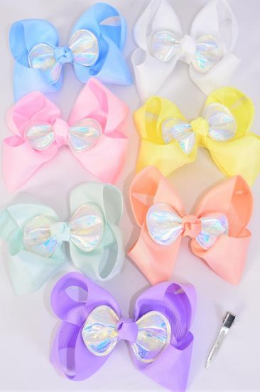 Hair Bow Jumbo Iridescent Bow Grosgrain Bow-tie Pastel/DZ **Pastel** Size-6"x 5",Alligator Clip,2 White,2 Baby Pink,2 Lavender,2 Blue,2 Yellow,1 Peach,1 Mint Green Color Asst,Clip Strip & UPC Code