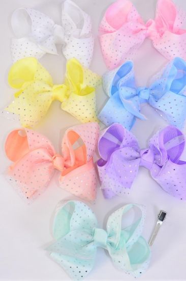 Hair Bow Jumbo Double Layered  Metallic Silver Polka-dots Grosgrain Bow-tie Pastel/DZ **Pastel** Size-6"x 5",Alligator Clip,2 White,2 Baby Pink,2 Lavender,2 Blue,2 Yellow,1 Peach,1 Mint Green,7 Color Asst,Clear Strip & UPC Code