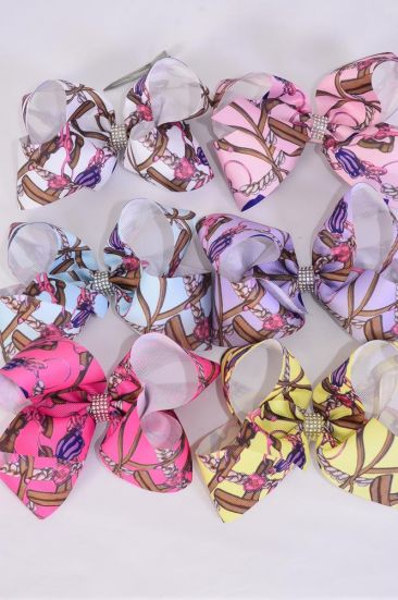 Hair Bow Jumbo Floral And Tassel Print Grosgrain Bow-tie Pastel / 12 pcs Bow = Dozen Alligator Clip , Size - 6" x 5" Wide , 2 White , 2 baby Pink , 2 Hot Pink , 2 Lavender , 2 Blue , 2 Yellow Color Mix , Clip Strip & UPC Code
