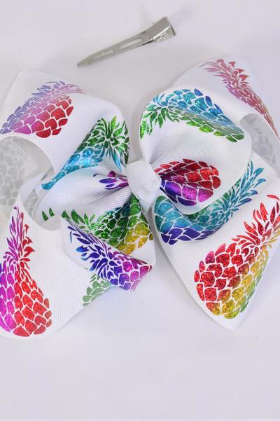Hair Bow Jumbo Pineapple Iridescent Holographic  Grosgrain Bow-tie / 12 pcs Bow = Dozen Holographic , Alligator Clip , Size - 6" x 5" Wide , Clip Strip & UPC Code