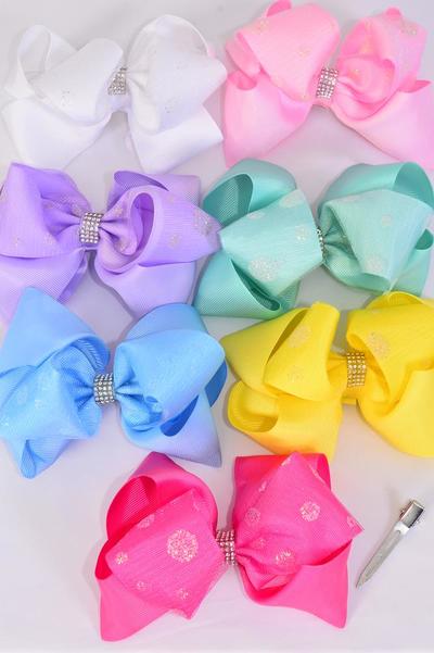 Hair Bow Jumbo Double Layered Center Mesh Metallic Polka dot Grosgrain Bow-tie Pastel / 12 pcs Bow = Dozen  Size-6"x 5" Wide , Alligator Clip ,2 White ,2 Baby Pink ,2 Lavender ,2 Hot Pink ,2 Mint Green ,1 Blue ,1 Yellow Color Asst 