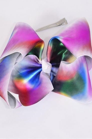 Hair Bow Extra Jumbo Cheer Type Bow Multi Holographic Grosgrain Bow-tie / 12 pcs Bow = Dozen  Alligator Clip , Size - 8" x 7" Wide , Clip Strip & UPC Code