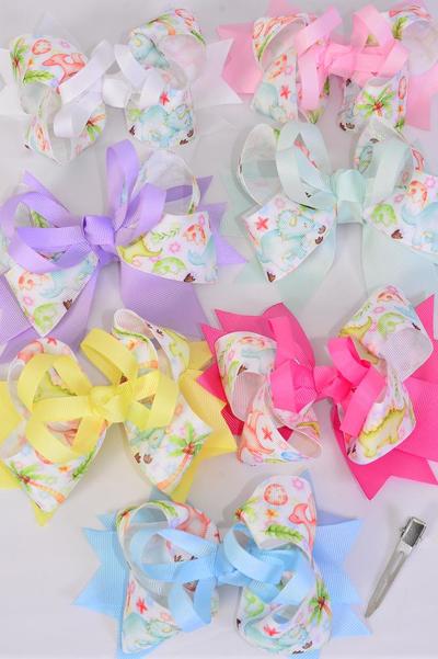 Hair Bow Jumbo Double Layered Dinosaur Grosgrain Bow-tie / 12 pcs Bow = Dozen Alligator Clip , Size - 6"x 5" Wide , 2 White , 2 Pink , 2 Lavender , 2 Hot Pink , 2 Mint Green , 1 Blue , 1 Yellow Color Mix , Clip Strip & UPC Code