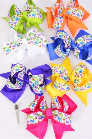 Hair Bow Jumbo Dinosaur Double Layered Grosgrain Bow-tie / 12 pcs Bow = Dozen Alligator Clip , Size - 6" x 5" Wide , 2 White , 2 Fuchsia , 2 Purple , 2 Yellow , 2 Blue , 1 Lime , 1 Orange Color Asst , Clip Strip & UPC Code