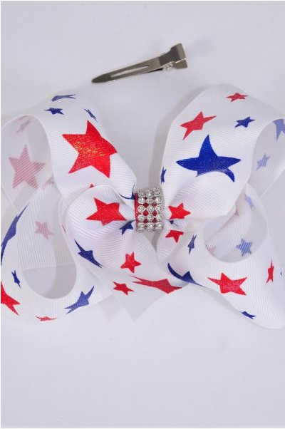 Hair Bow Jumbo 4th of July Patriotic-Glitter Stars Grosgrain Bow-tie / 12 pcs Bow = Dozen  Alligator Clip , Size-6"x 5" Wide , 4 of each Color Asst , Clip Strip & UPC Code