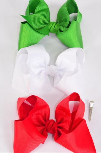 Hair Bow Jumbo Xmas Red White Green Mix Grosgrain Bow-tie / 12 pcs Bow = Dozen Alligator Clip , Size-6"x 5" Wide,4 of each Pattern Asst,Hang Tag & UPC Code