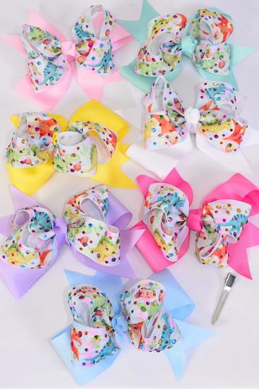 Hair Bow Jumbo Double Layered Dinosure Color Stone Studded Gosgrain Bowtie/DZ **Pastel** Size-6" x 6",Alligator Clip,2 White,2 Baby Pink,2 Lavender,2 Hot Pink,2 Mint Green,1 Blue,1 Yellow,7 Color Asst,Clip Strip & UPC Code