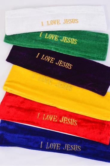 Headband Velvet Embroidery Jesus Love Me Multi Stretch / 12 pcs = Dozen Multi , Stretch , Width - 2.5" Wide , 2 of each Color Asst , Individual OPP Bag