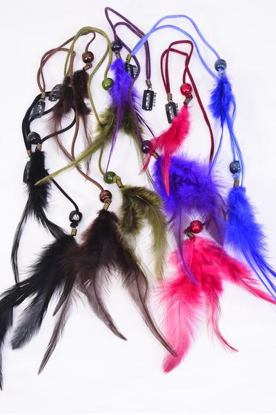 Feather Hair Extensions Suede Wooden Beads Multi / 12 pcs = Dozen Size - 10" Long , 2 of each Color Asst , Display Card & OPP Bag & UPC Code 