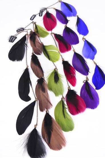 Feather Hair Extensions Dark Multi / 12 pcs = Dozen Size - 10" Long , 2 Black , 2 Brown , 2 Green , 2 Burgundy , 2 Purple , 2 Navy Color Asst , Display Card & OPP Bag & UPC Code