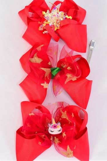 Hair Bow Jumbo Iridescent Metallic Stars Unicorn Red Bow Mix Grosgrain Bow-tie / 12 pcs Bow = Dozen Alligator Clip , Size - 6" x 5" Wide , 4 of each Pattern Asst , Clip Strip & UPC Code