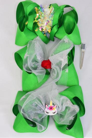 Hair Bow Jumbo Iridescent Mesh Metallic Stars Unicorn Mix Grosgrain Bow-tie / 12 pcs Bow = Dozen Christmas , Alligator Clip , Size - 6" x 5" Wide , 4 Of each Pattern Asst Asst , Clip Strip & UPC Code