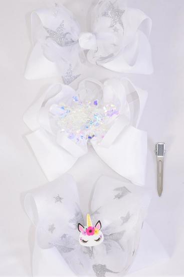 Hair Bow Jumbo Iridescent Mesh Metallic Stars Unicorn Mix White Grosgrain Bow-tie / 12 pcs Bow = Dozen White , Alligator Clip , Size - 6" x 5" Wide , 4 of each Pattern Asst , Clip Strip & UPC Code