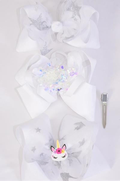 Hair Bow Jumbo Iridescent Mesh Metallic Stars Unicorn Mix White Grosgrain Bow-tie / 12 pcs Bow = Dozen White , Alligator Clip , Size - 6" x 5" Wide , 4 of each Pattern Asst , Clip Strip & UPC Code