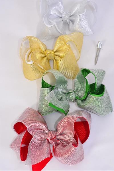 Hair Bow Jumbo Metallic Double Layered Grosgrain Bow-tie / 12 pcs Bow = Dozen Christmas , Alligator Clip , Size - 6"x 5" Wide , 3 of each Pattern Mix , Clip Strip & UPC Code