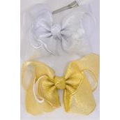 Hair Bow Jumbo Metallic Double Layered G/S Mix Grosgrain Bow-tie/DZ **Alligator Clp** Size-6&quot;x 5&quot; Wide,6 of each Pattern Mix,Clip Strip &amp; UPC Code