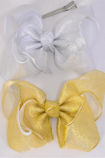 Hair Bow Jumbo Metallic Double Layered Gold Silver Color Mix Grosgrain Bow-tie / 12 pcs Bow = Dozen Alligator Clp , Size - 6" x 5" Wide , 6 Gold , 6 Silver Color Asst , Clip Strip & UPC Code