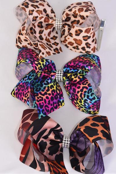 Hair Bow Jumbo Gradient Tiedye leopard Zebra Animal Pattern Mix Grosgrain Bow-tie / 12 pcs Bow = Dozen Alligator Clip , Size- 6" x 5" Wide , 4 of each Pattern , Clip Strip & UPC Code