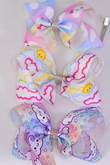 Hair Bow Jumbo Cute Happy Cloud Sun Mix Grosgrain Bow-tie / 12 pcs Bow = Dozen Alligator Clip , Size - 6" x 5" Wide , 4 of each Pattern Asst , Clip Strip & UPC Code