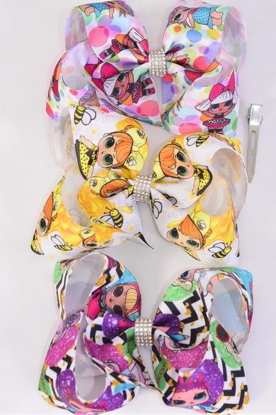 Hair Bow Jumbo LOL Doll Pattern Asst Grosgrain Bow-tie / 12 pcs Bow = Dozen Alligator Clip , Size - 6" x 5" Wide , 4 of each Pattern Asst , Clip Strip and UPC Code