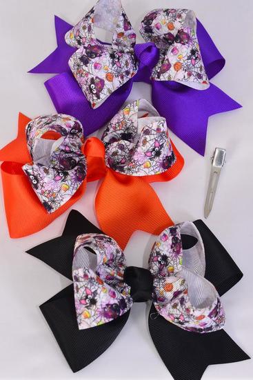 Hair Bow Jumbo Double Layered Halloween Bat Spider Web Grosgrain Bow-tie / 12 pcs Bow = Dozen Alligator Clip , Size - 6" x 5" Wide , 4 Of Each Patter Asst , Clip Strip & UPC Code