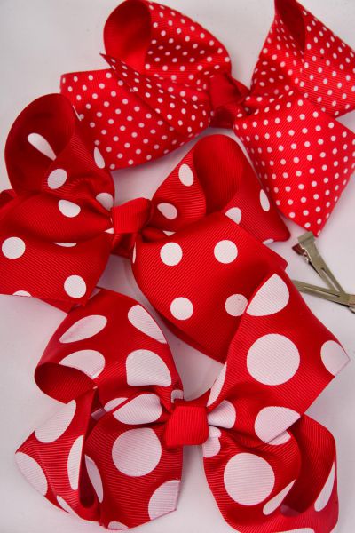 Hair Bow Jumbo Red Polka-dots Mix Grosgrain Bow-tie/DZ Red Polka-dot Mix,Alligator Clip,Size-6"x 5" Wide,4 of each Pattern Mix,Clip Strip & UPC Code-