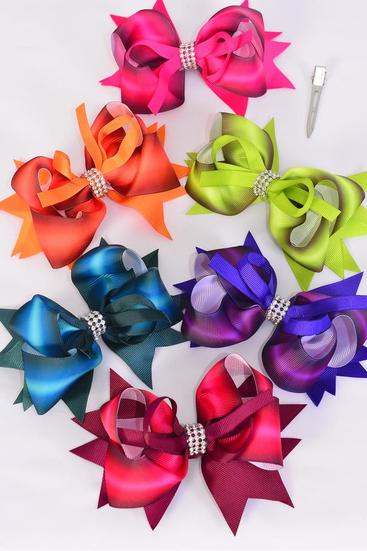 Hair Bow Jumbo Double Layered  Gradient Tiedye Grosgrain Bow-tie / 12 pcs Bow = Dozen Alligator Clip , Size - 6" x 5" Wide , 2 Fuchsia , 2 White , 2 Spruce , 2 Purple , 2 Wine , 1 Green ,1 Autumn Orange Asst , Clip Strip & UPC Code