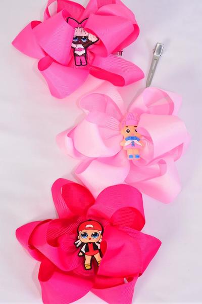 Hair Bow Jumbo Double Layered LOL Doll Charm Mix Grosgrain Bow-tie Pink Mix / 12 pcs = Dozen  Alligator Clip , Size - 6" x 6" , 2 Of each Pattern Mix , Clip Strip & UPC Code