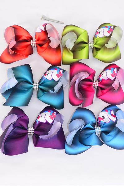 Hair Bow Jumbo Gradient Unicorn Grosgrain Bow-tie / 12 pcs Bow = Dozen Unicorn , Alligator Clip , Size - 6" x 5" Wide , 2 of each Pattern Asst , Clip Strip & UPC Code
