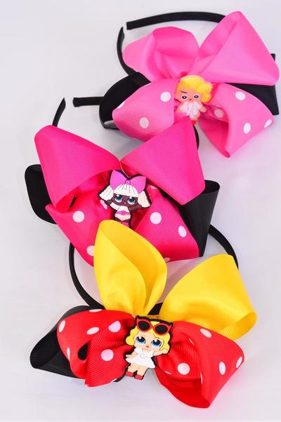 Headband Horseshoe Jumbo Double Layered Polka dot LOL Doll Grosgrain Bow-tie / 12 pcs = Dozen 4 of each Pattern Asst , Hang Tag & OPP Bag & UPC Code , W Clear Box