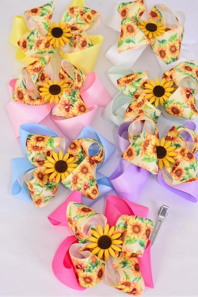 Hair Bow Jumbo Double Layered Sunflower Charm Grosgrain Bow-tie Pastel / 12 pcs Bow = Dozen  Alligator Clip , Size- 6" x 5" Wide , 2 White , 2 Pink , 2 Hot Pink , 2 Lavender , 2 Mint Green , 1 Yellow , 1 Blue Color Asst , Clip Strip & UPC Code