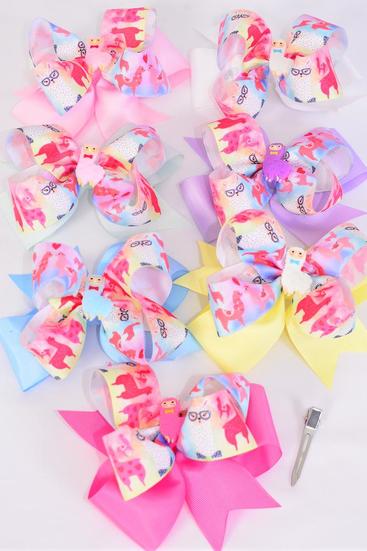 Hair Bow Jumbo Double Layered Llama Grosgrain Bow-tie Pastel / 12 pcs Bow = Dozen Alligator Clip , Size - 6" x 5" , 2 White , 2 Pink , 2 Hot Pink , 2 Lavender , 2 Mint Green , 1 Yellow , 1 Blue Color Asst , Clip Strip & UPC Code