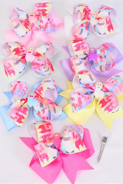 Hair Bow Jumbo Double Layered Llama Charm Grosgrain Bow-tie Pastel / 12 pcs Bow = Dozen Alligator Clip , Size - 6"x 5" Wide , 2 White , 2 Pink , 2 Hot Pink , 2 Lavender , 2 Mint Green , 1 Yellow , 1 Blue Color Asst , Clip Strip & UPC Code