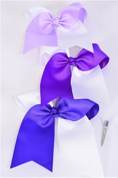 Hair Bow Extra Jumbo Long Tail Cheer Type Bow 2-tone  Purple Mix Grosgrain Bow-tie / 12 pcs Bow = Dozen  Alligator Clip , Size - 6.5" x 6" Wide , 4 Purple , 4 Ultra Violet , 4 Lavender Color Asst , Clip Strip & UPC Code