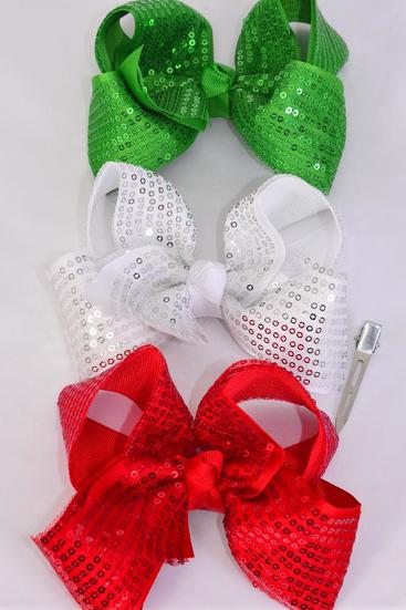 Hair Bow Jumbo Double Layered Sequin Grosgrain Bow-tie / 12 pcs Bow = Dozen Christmas , Alligator Clip , Size - 6" x 5" Wide , 4 Of each Pattern Asst Asst , Clip Strip & UPC Code