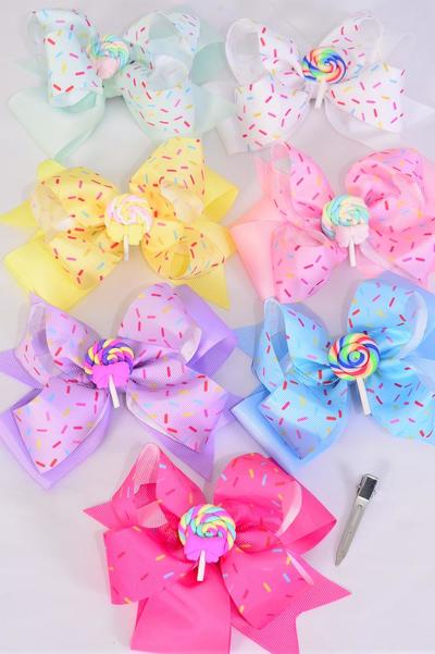 Hair Bow Jumbo Double Layered Jimmies Sprinkles Lollipop Charm Grosgrain Bow-tie / 12 pcs Bow = Dozen Alligator Clip , Size - 6" x 5" , 2 White , 2 Baby Pink , 2 Lavender , 2 Hot Pink , 2 Mint Green, 1 Blue , 1 Yellow Color Asst , Clip Strip & UPC Code