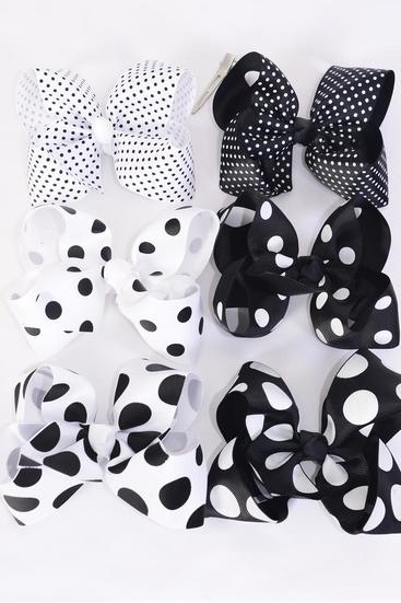 Hair Bow Jumbo Polka dots Black White Mix Grograin Bow-tie / 12 pcs Bow = Dozen Alligator Clip , Bow - 6" x 5" Wide , 2 of each Pattern Ass t, Clip Strip & UPC Code