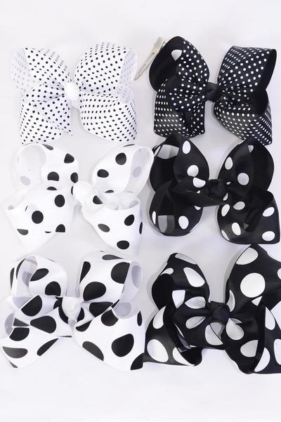 Hair Bow Jumbo Polka dots Black White Mix Grograin Bow-tie / 12 pcs Bow = Dozen Alligator Clip , Bow - 6" x 5" Wide , 2 of each Pattern Ass t, Clip Strip & UPC Code