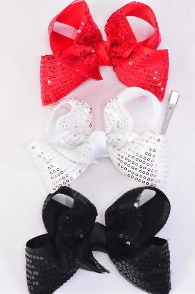 Hair Bow Jumbo Double Layered Sequin Black White Red Mix Grosgrain Bow-tie/DZ Alligator Clip,Size-6"x 5" Wide,4 Of each Color Asst Asst,Clip Strip & UPC Code
