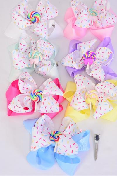 Hair Bow Jumbo Double Layered Jimmies Sprinkles Lollipop Charm Grosgrain Bow-tie / 12 pcs Bow = Dozen Alligator Clip , Size - 6" x 5", 2 White , 2 Baby Pink , 2 Lavender, 2 Hot Pink , 2 Mint Green , 1 Blue , 1 Yellow Color Asst , Clip Strip & UPC Code