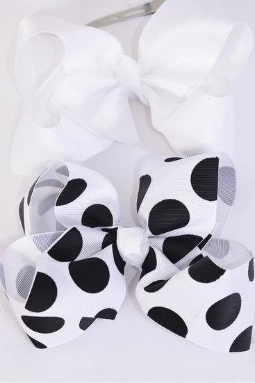 Hair Bow Jumbo White Black Polka dots Mix Grosgrain Bow-tie / 12 pcs Bow = Dozen  Alligator Clip , Size - 6" x 5" Wide , 6 of each Pattern Mix , Clip Strip & UPC Code